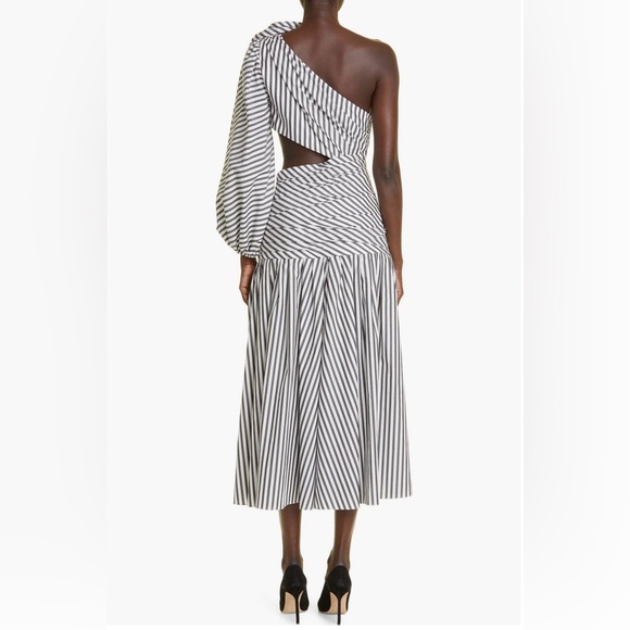 NWT Carolina Herrera Striped Rosette One-Shoulder Cutout Midi Dress - Picture 8 of 14
